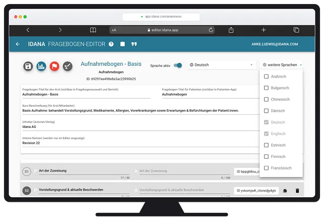 Idana Fragebogen-Editor Bildschirmaufnahme